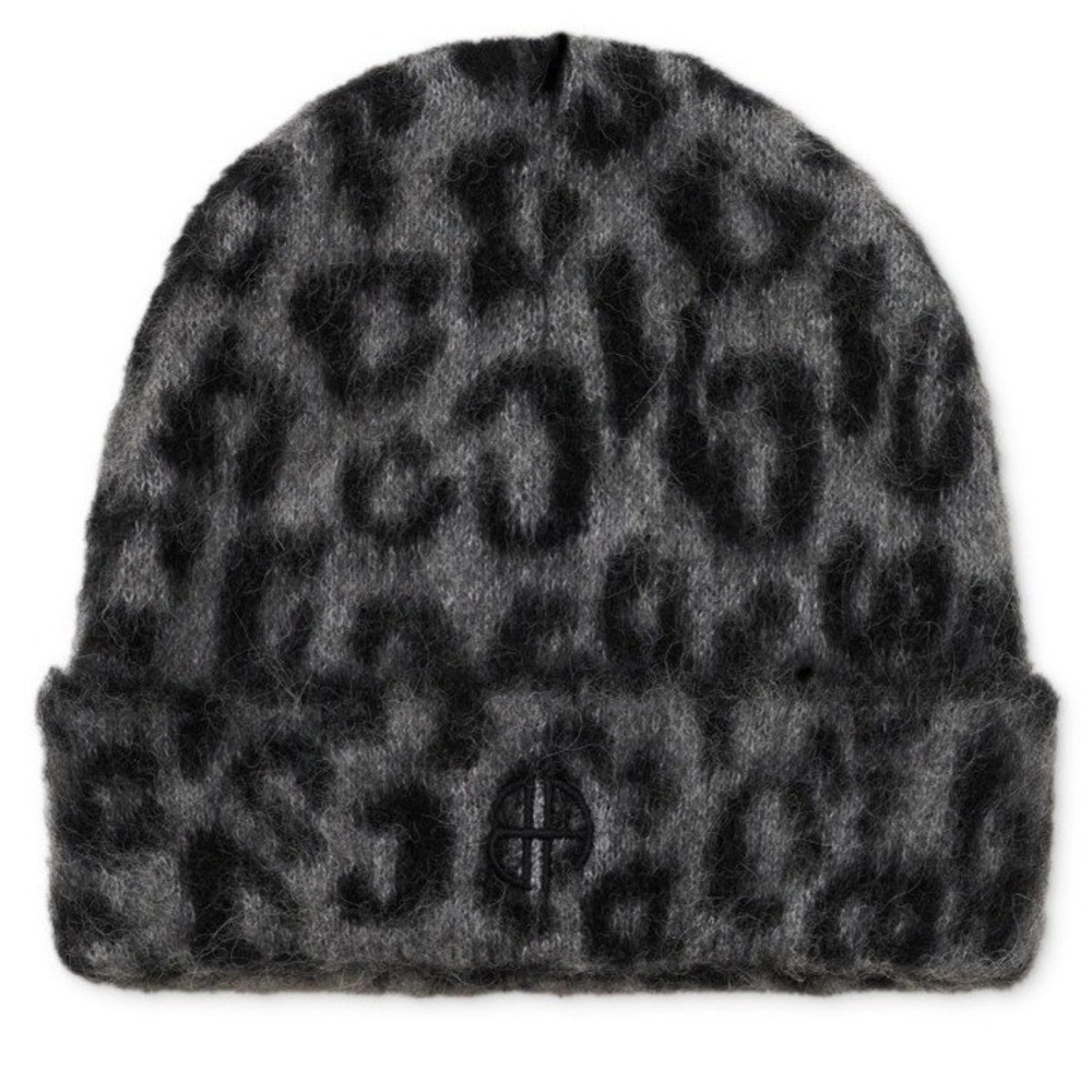 Anine Bing Womens Elia Beanie Grey Leopard Alpaca Wool Knit Logo Winter Hat NWT